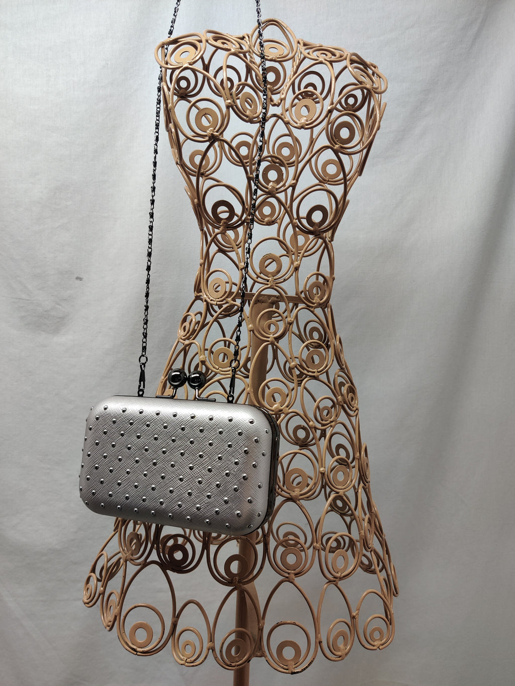 Silver Studded Box Clutch Minaudiere Evening Bag with Chain Strap - Prom Party