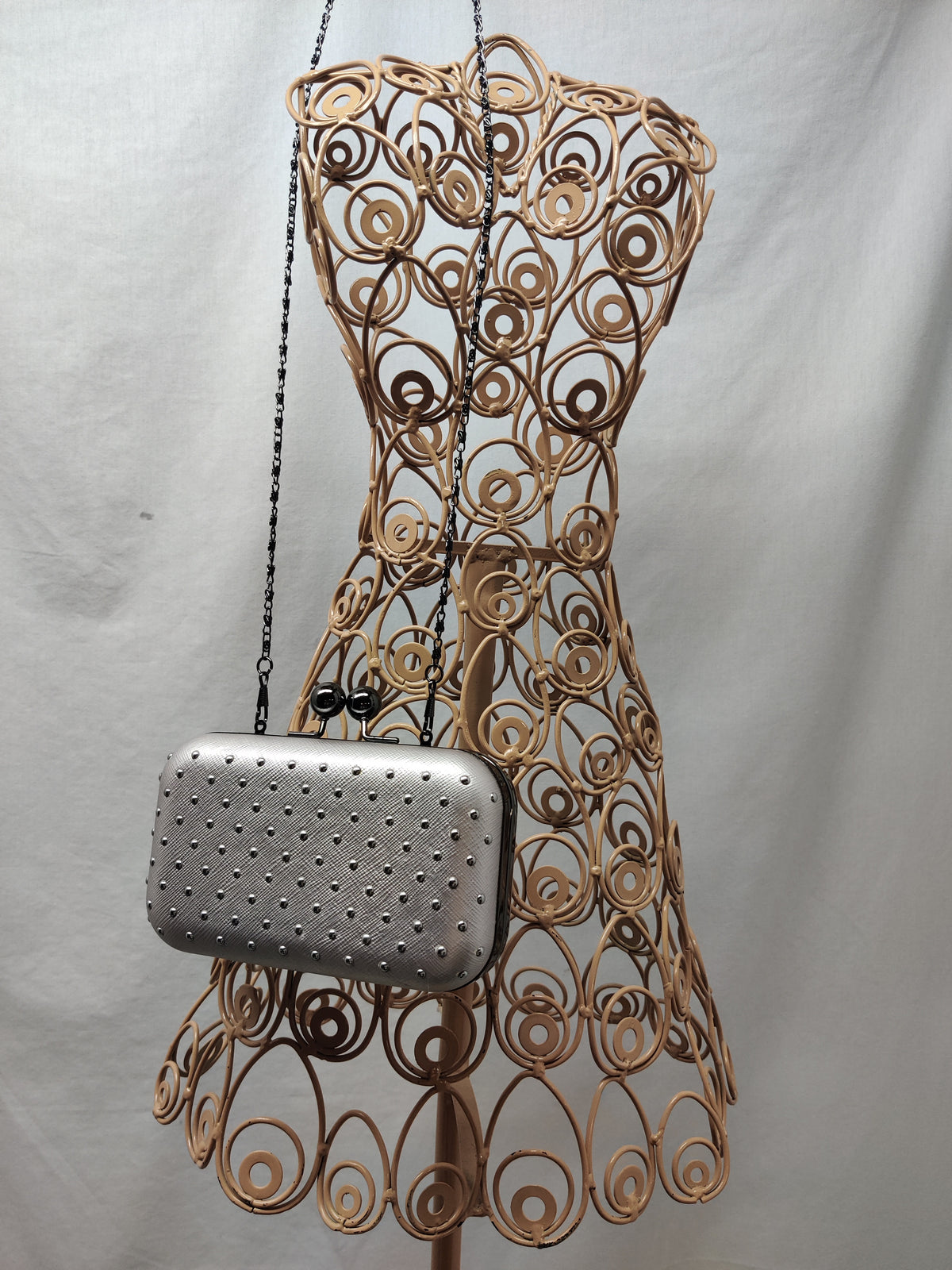 Silver Studded Box Clutch Minaudiere Evening Bag with Chain Strap - Prom Party