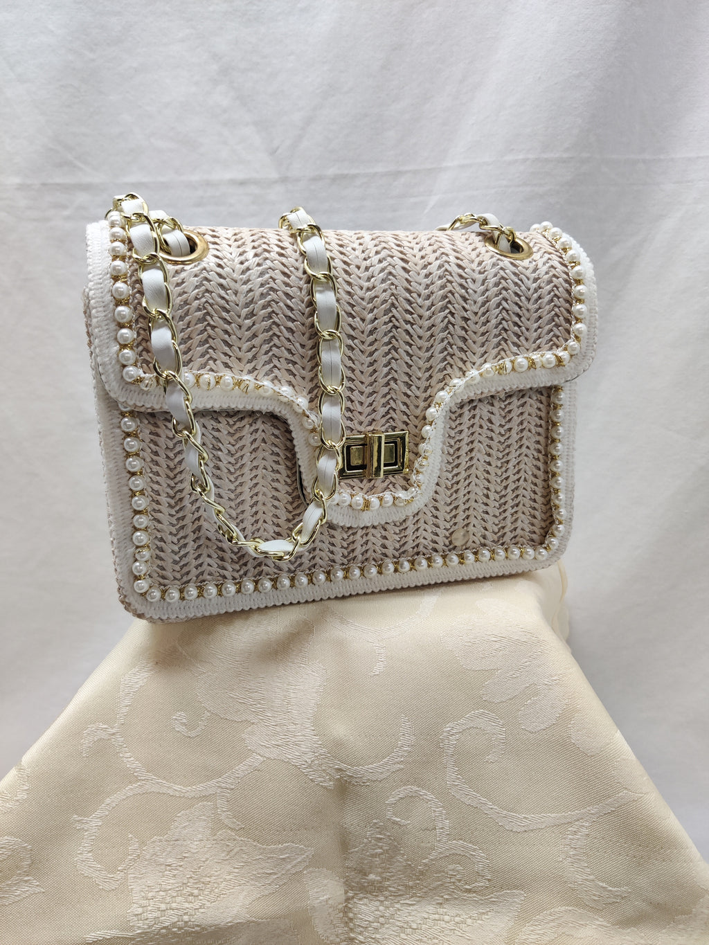 Beige Woven Straw Shoulder Bag with Pearls & Chain Strap - Pearl Trim Crossbody