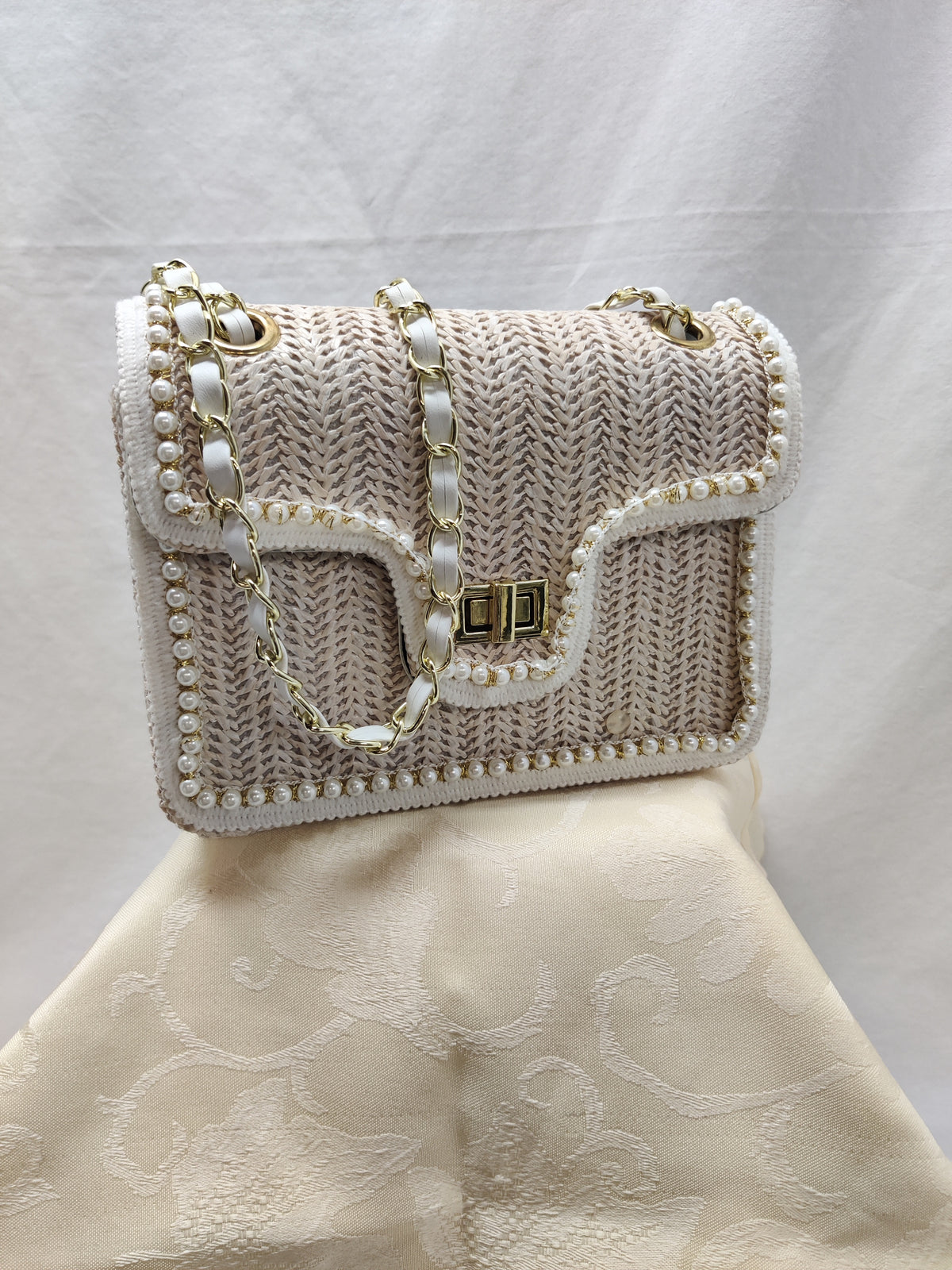 Beige Woven Straw Shoulder Bag with Pearls & Chain Strap - Pearl Trim Crossbody