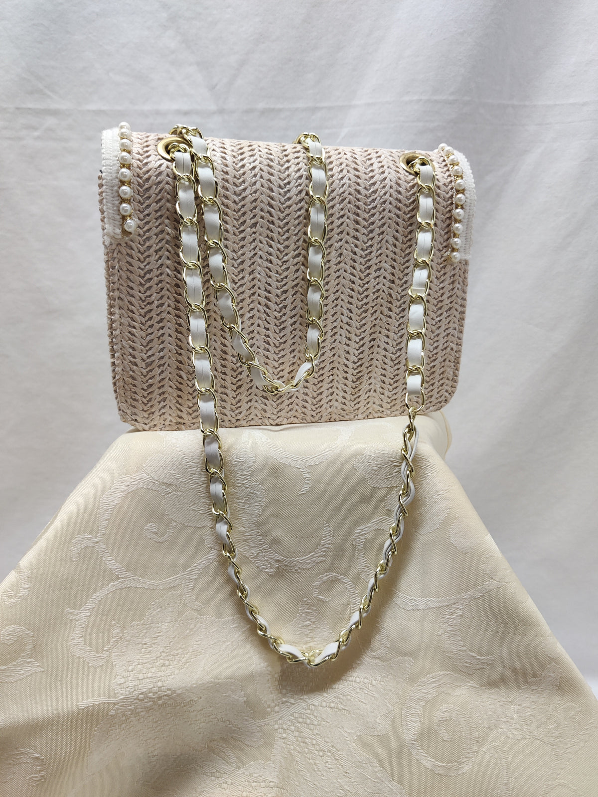 Beige Woven Straw Shoulder Bag with Pearls & Chain Strap - Pearl Trim Crossbody