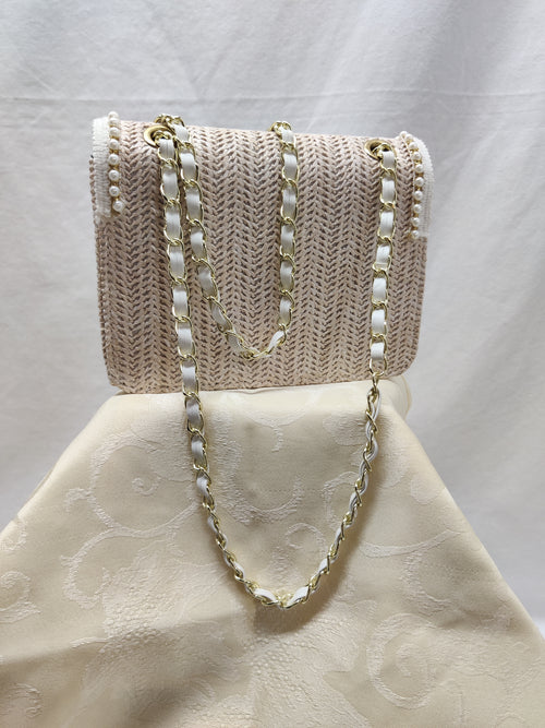 Beige Woven Straw Shoulder Bag with Pearls & Chain Strap - Pearl Trim Crossbody