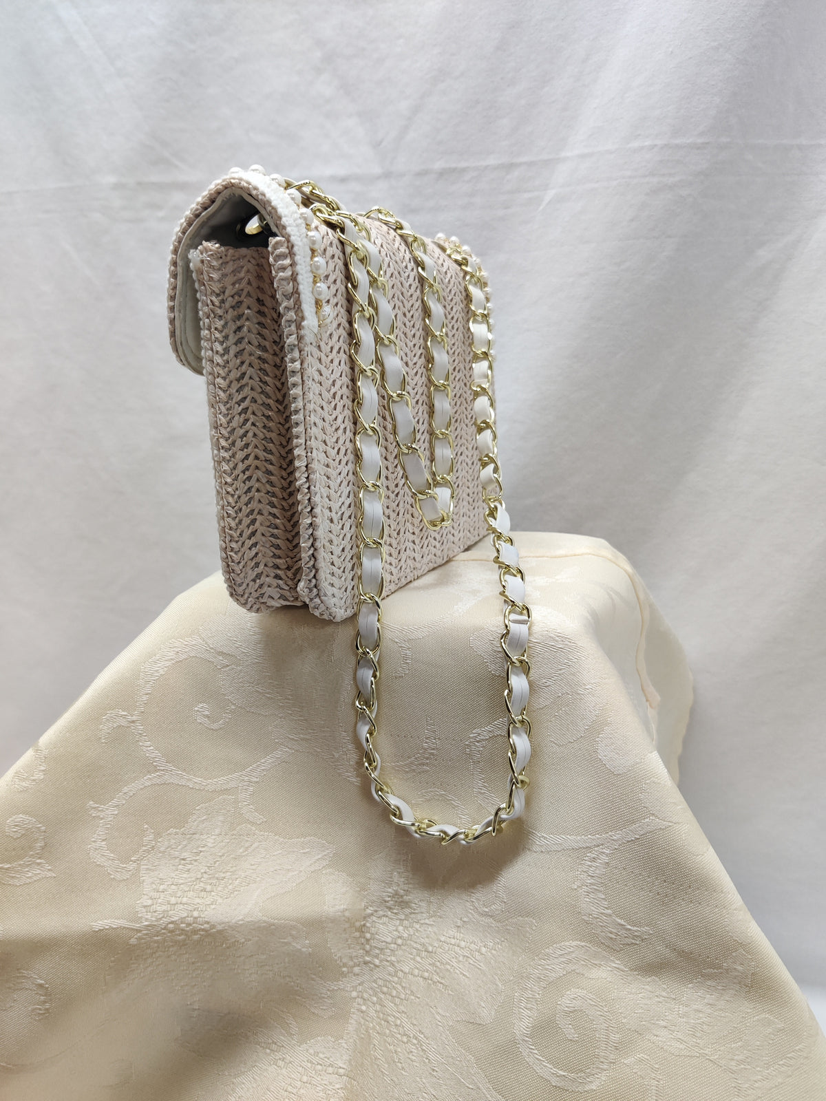 Beige Woven Straw Shoulder Bag with Pearls & Chain Strap - Pearl Trim Crossbody
