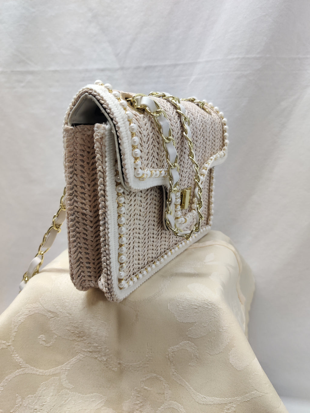 Beige Woven Straw Shoulder Bag with Pearls & Chain Strap - Pearl Trim Crossbody