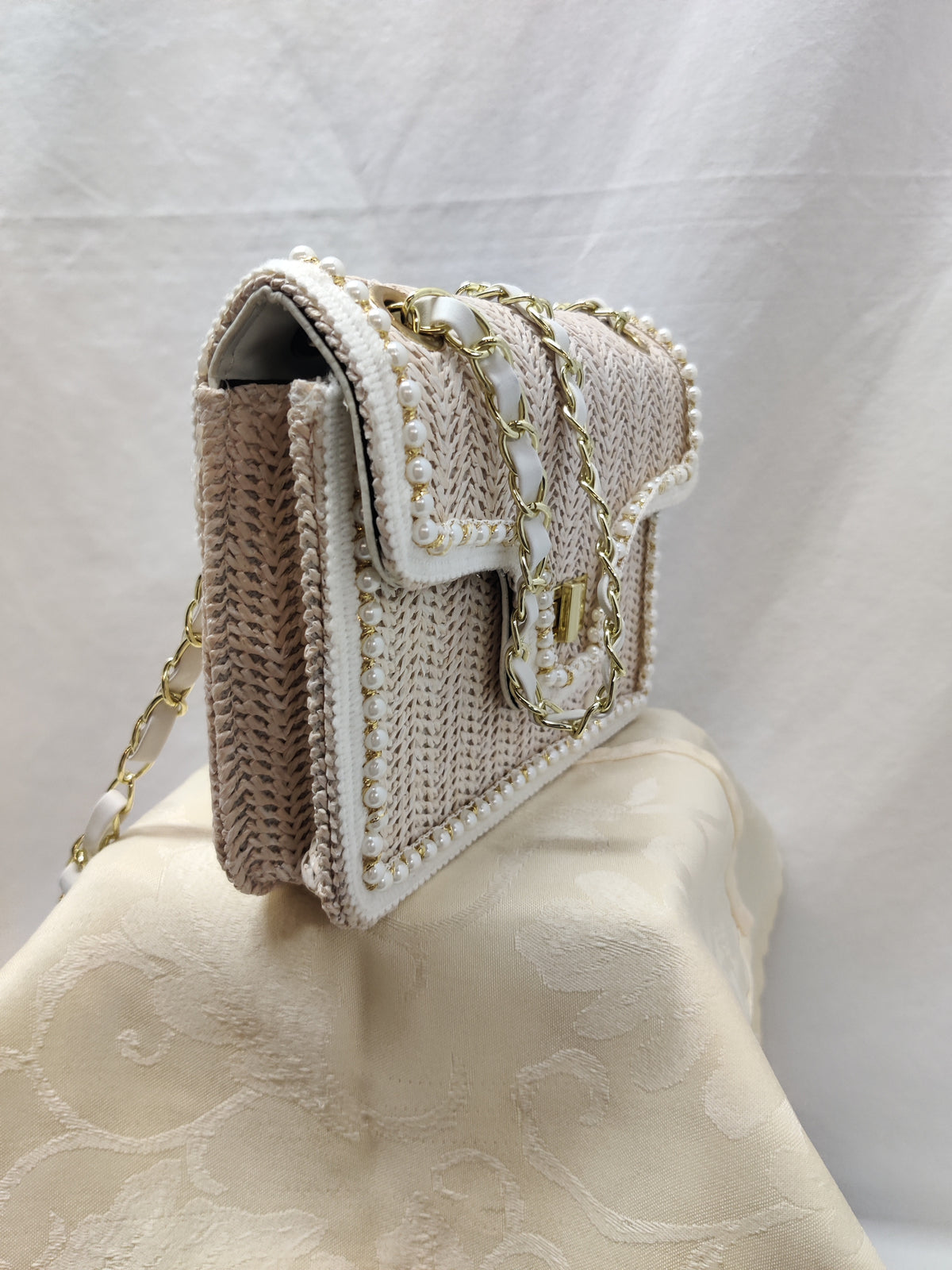 Beige Woven Straw Shoulder Bag with Pearls & Chain Strap - Pearl Trim Crossbody