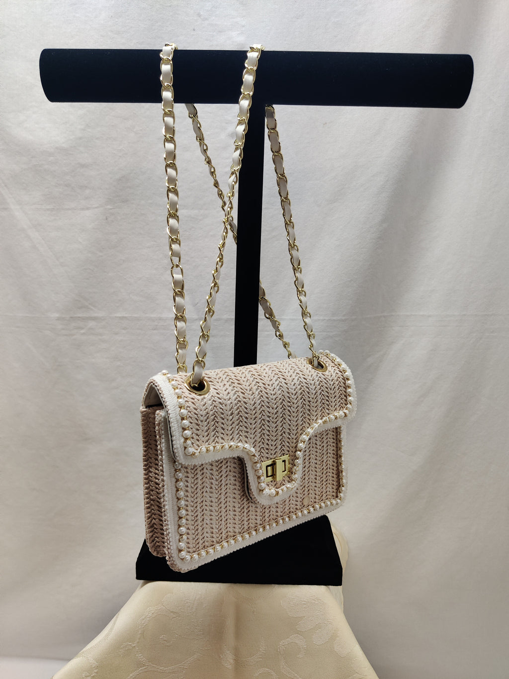 Beige Woven Straw Shoulder Bag with Pearls & Chain Strap - Pearl Trim Crossbody