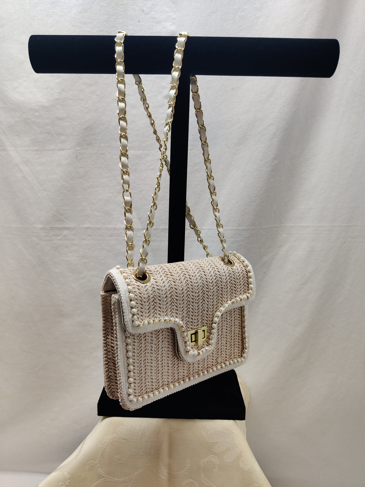 Beige Woven Straw Shoulder Bag with Pearls & Chain Strap - Pearl Trim Crossbody