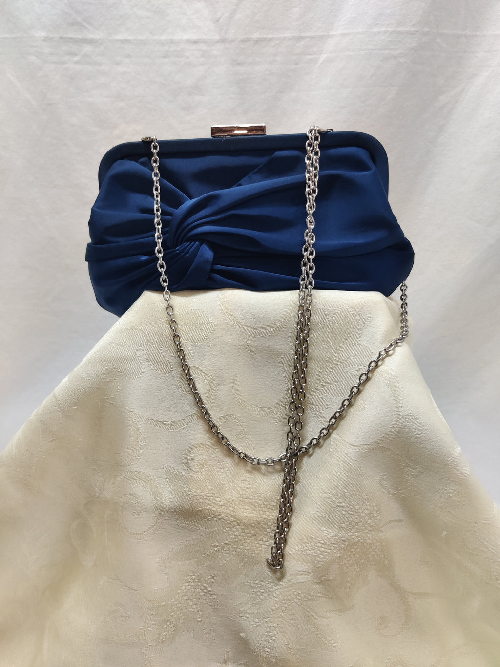 iXebella Navy Blue Satin Twist Knot Evening Clutch Bag Silver Chain - Formal