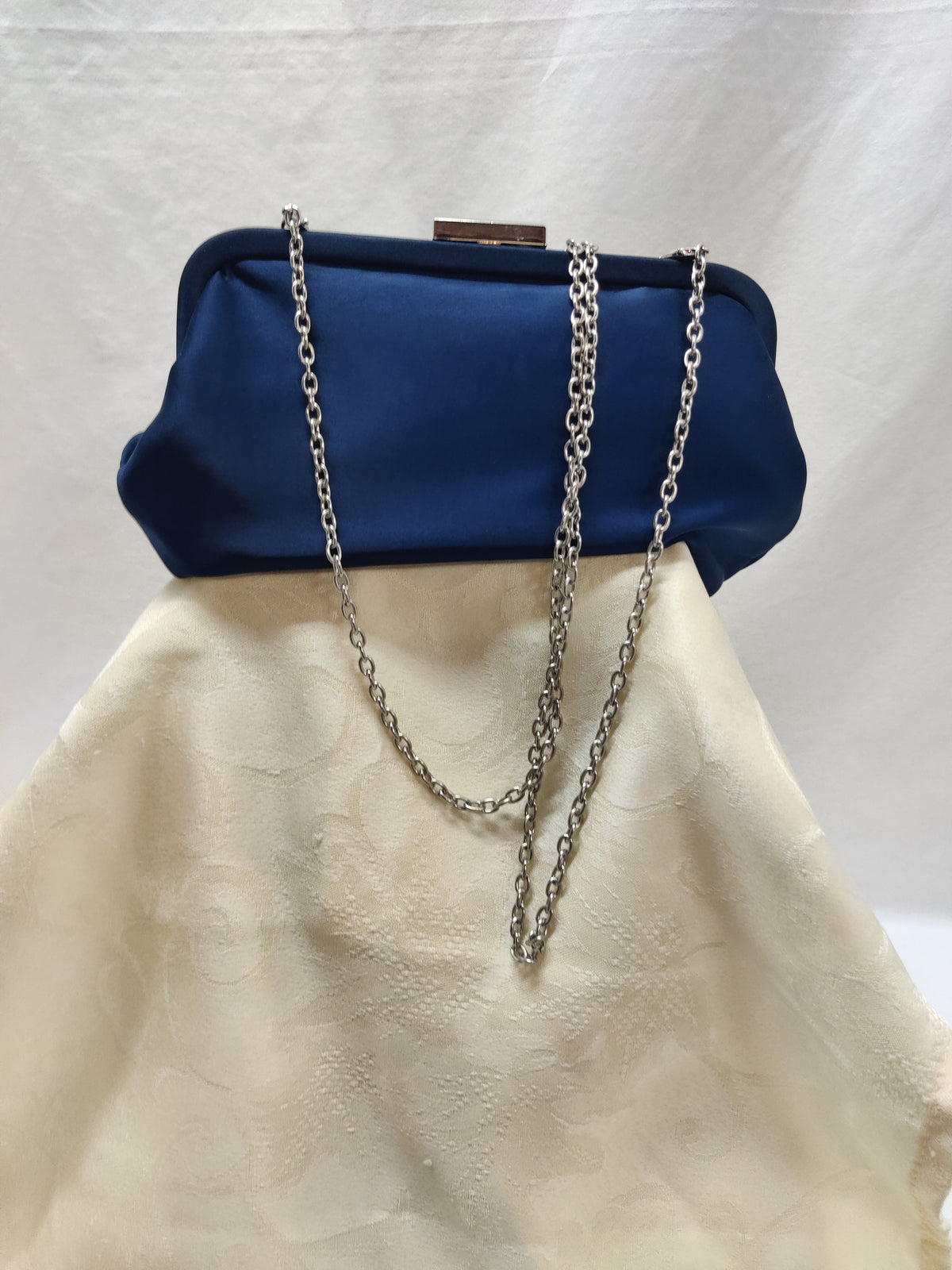 iXebella Navy Blue Satin Twist Knot Evening Clutch Bag Silver Chain - Formal