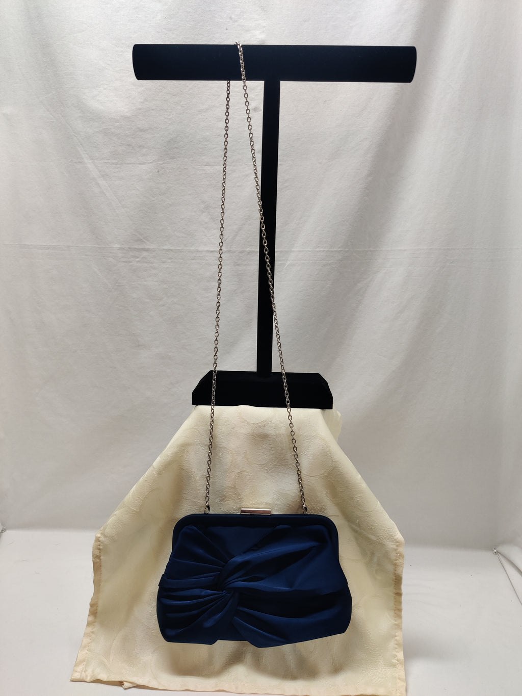 iXebella Navy Blue Satin Twist Knot Evening Clutch Bag Silver Chain - Formal