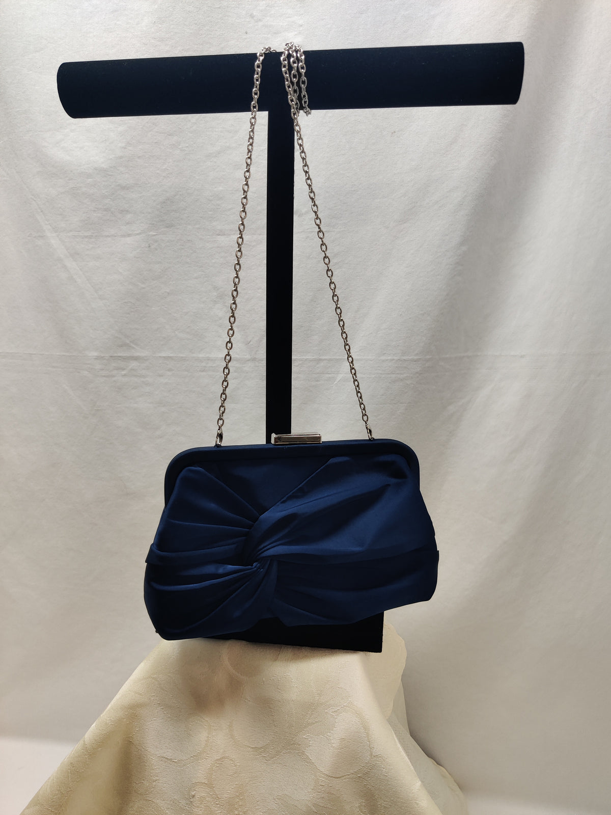 iXebella Navy Blue Satin Twist Knot Evening Clutch Bag Silver Chain - Formal