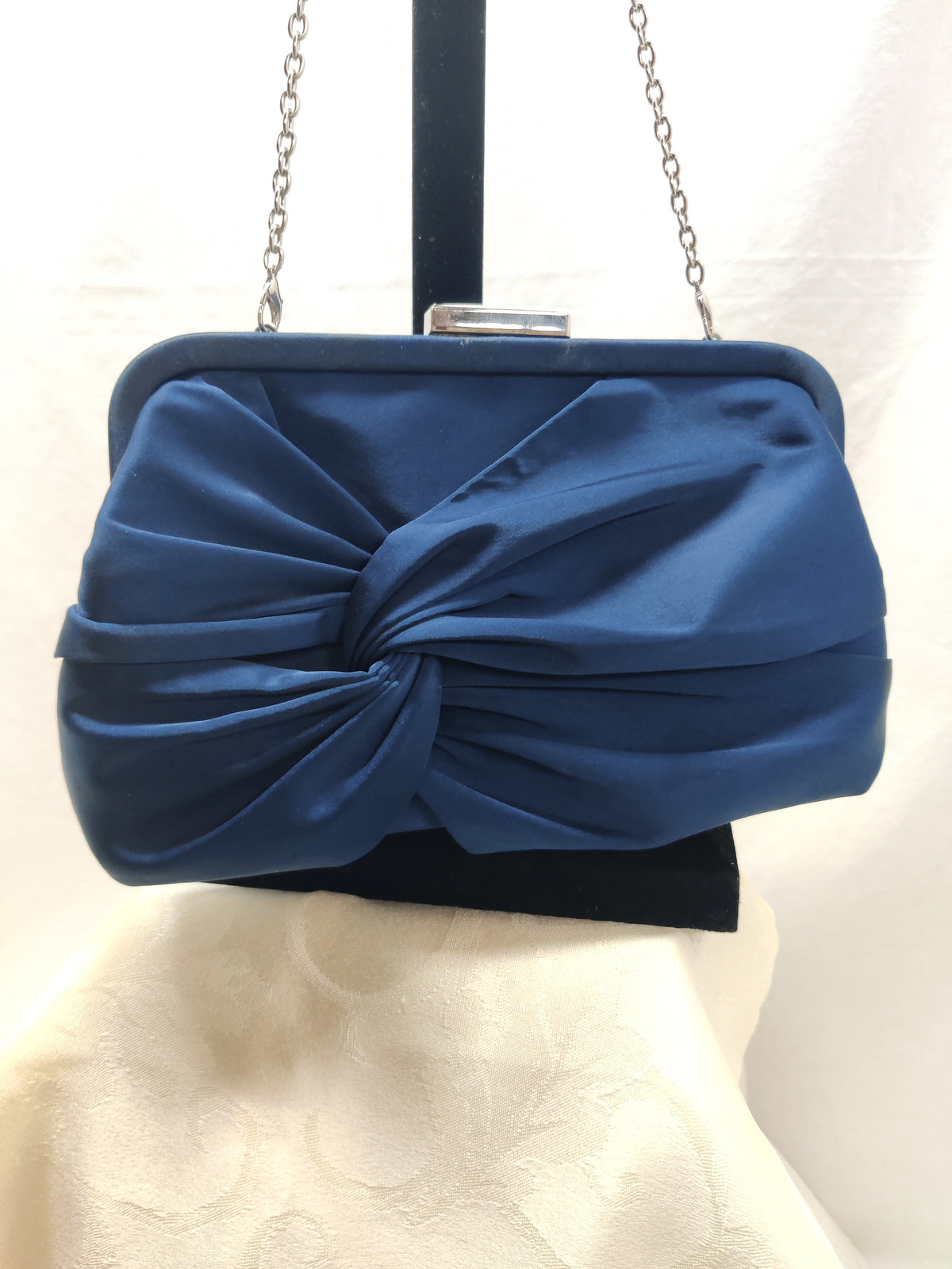 iXebella Navy Blue Satin Twist Knot Evening Clutch Bag Silver Chain - Formal