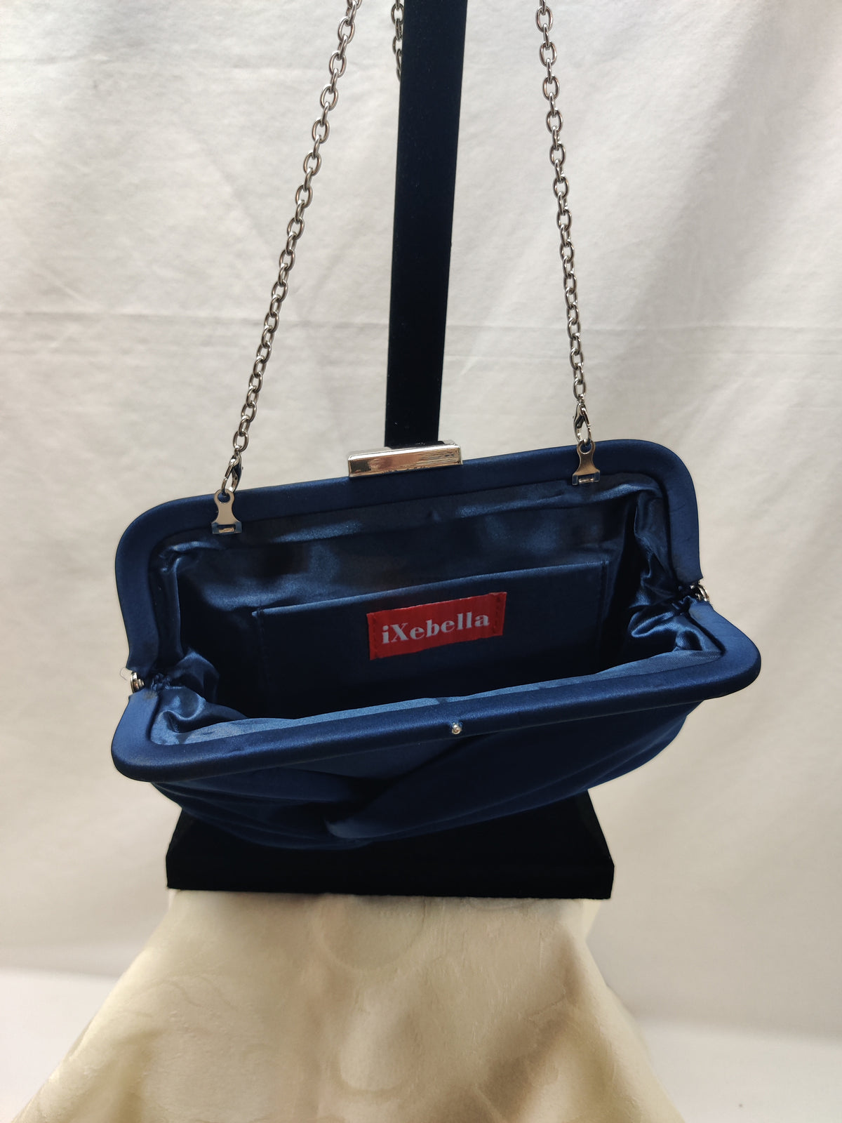 iXebella Navy Blue Satin Twist Knot Evening Clutch Bag Silver Chain - Formal
