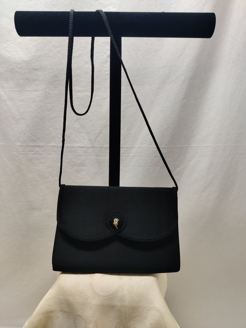 La Regale LTD Vintage Black Satin Evening Bag Rhinestone Bow Cord Trim