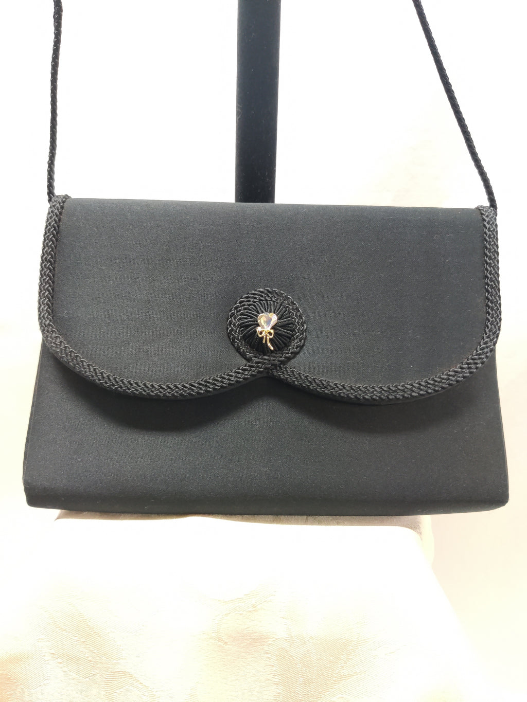 La Regale LTD Vintage Black Satin Evening Bag Rhinestone Bow Cord Trim