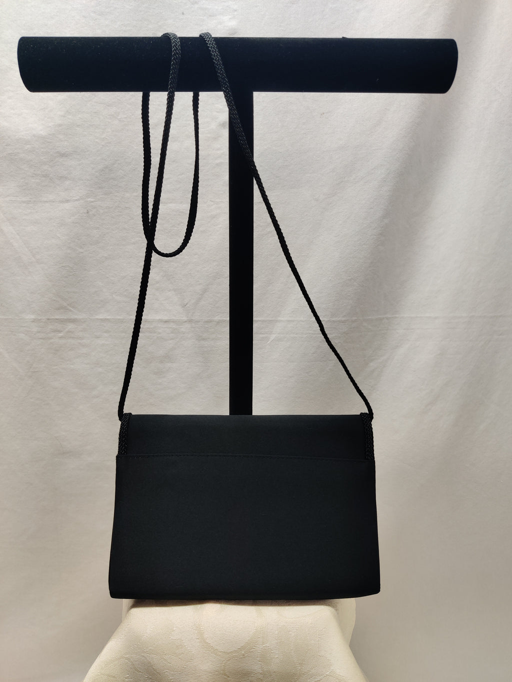 La Regale LTD Vintage Black Satin Evening Bag Rhinestone Bow Cord Trim