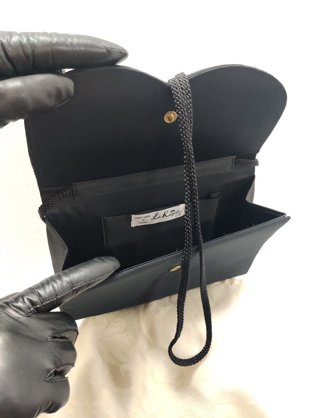 La Regale LTD Vintage Black Satin Evening Bag Rhinestone Bow Cord Trim
