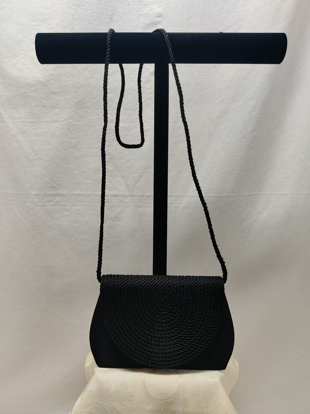 Vintage Black Satin Evening Bag Rope Braid Coil Flap - Shoulder Crossbody Formal