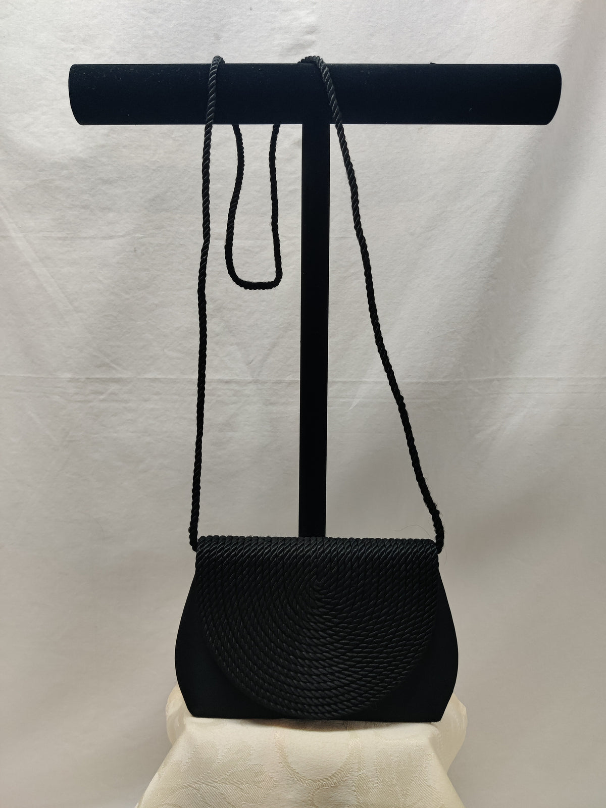 Vintage Black Satin Evening Bag Rope Braid Coil Flap - Shoulder Crossbody Formal