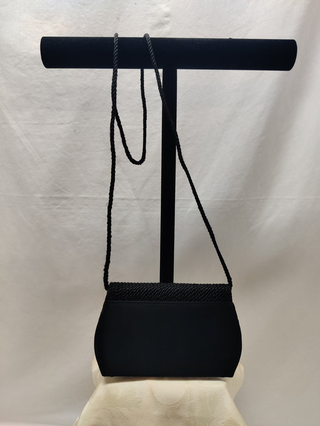 Vintage Black Satin Evening Bag Rope Braid Coil Flap - Shoulder Crossbody Formal