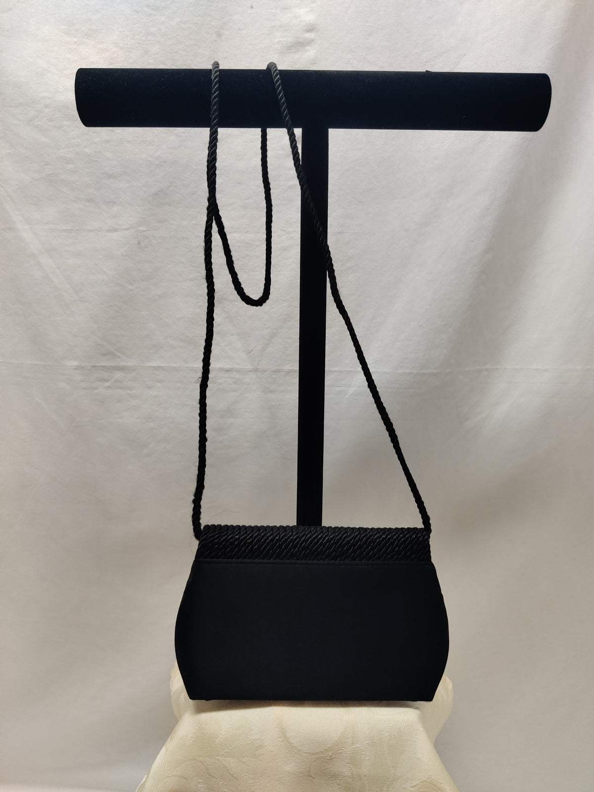 Vintage Black Satin Evening Bag Rope Braid Coil Flap - Shoulder Crossbody Formal
