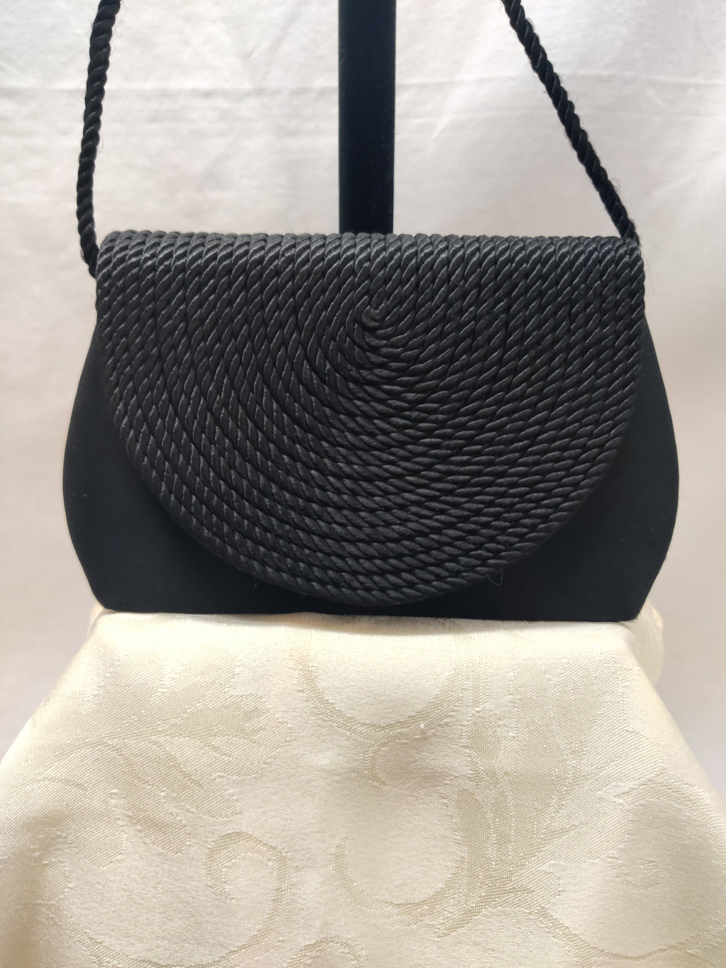 Vintage Black Satin Evening Bag Rope Braid Coil Flap - Shoulder Crossbody Formal