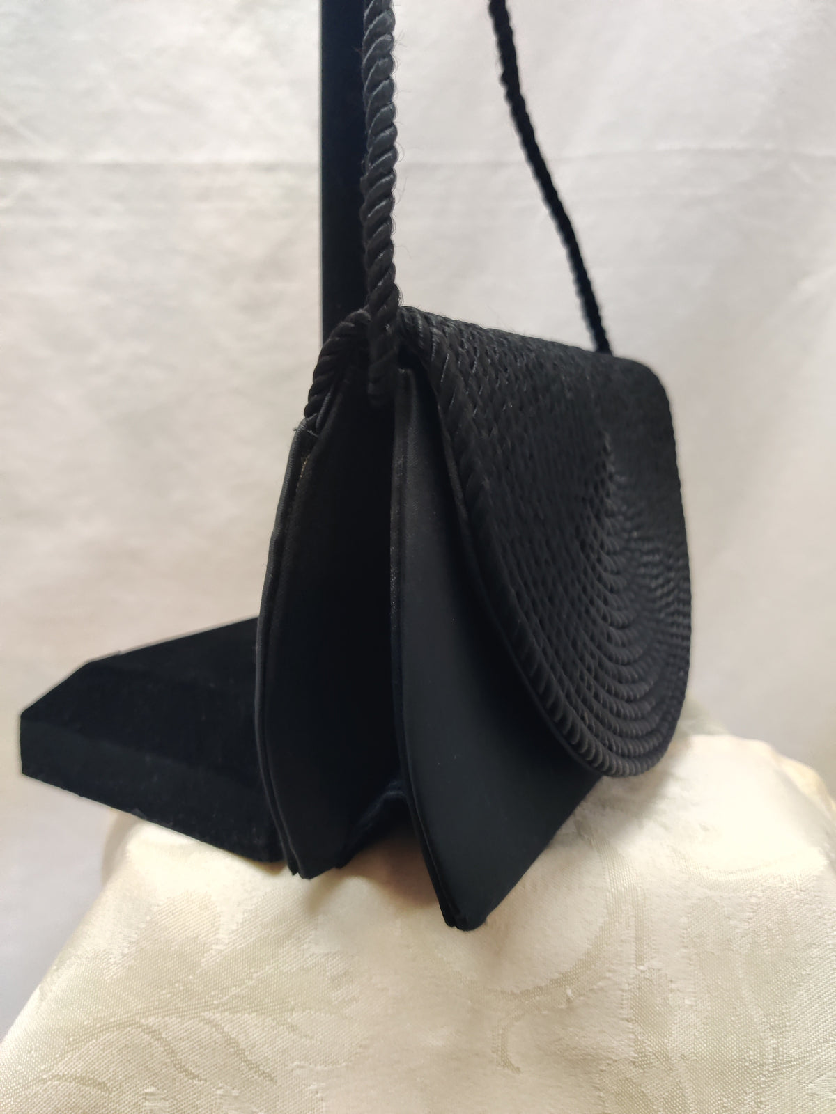 Vintage Black Satin Evening Bag Rope Braid Coil Flap - Shoulder Crossbody Formal