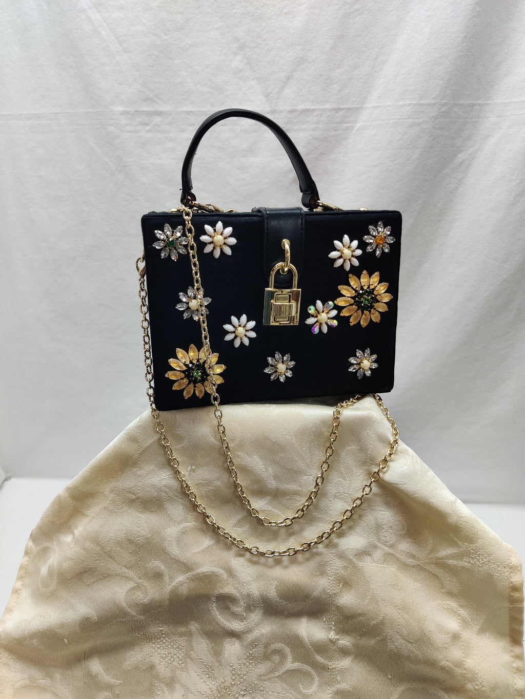 Charming Charlie Black Floral Jeweled Box Purse - Daisy Rhinestone Crossbody