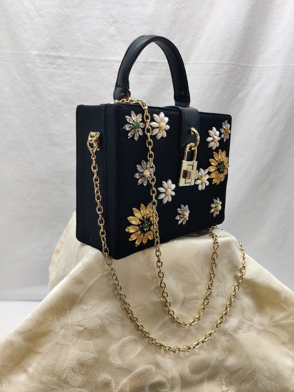 Charming Charlie Black Floral Jeweled Box Purse - Daisy Rhinestone Crossbody