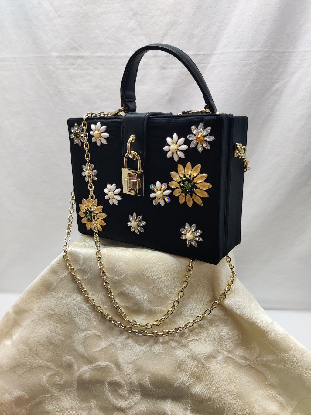 Charming Charlie Black Floral Jeweled Box Purse - Daisy Rhinestone Crossbody