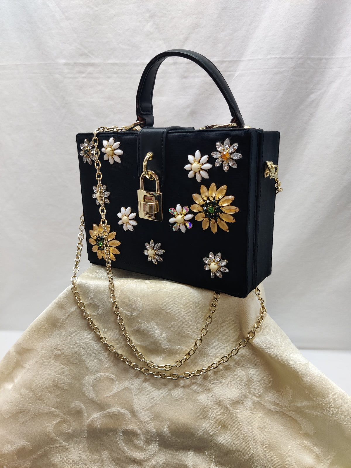 Charming Charlie Black Floral Jeweled Box Purse - Daisy Rhinestone Crossbody
