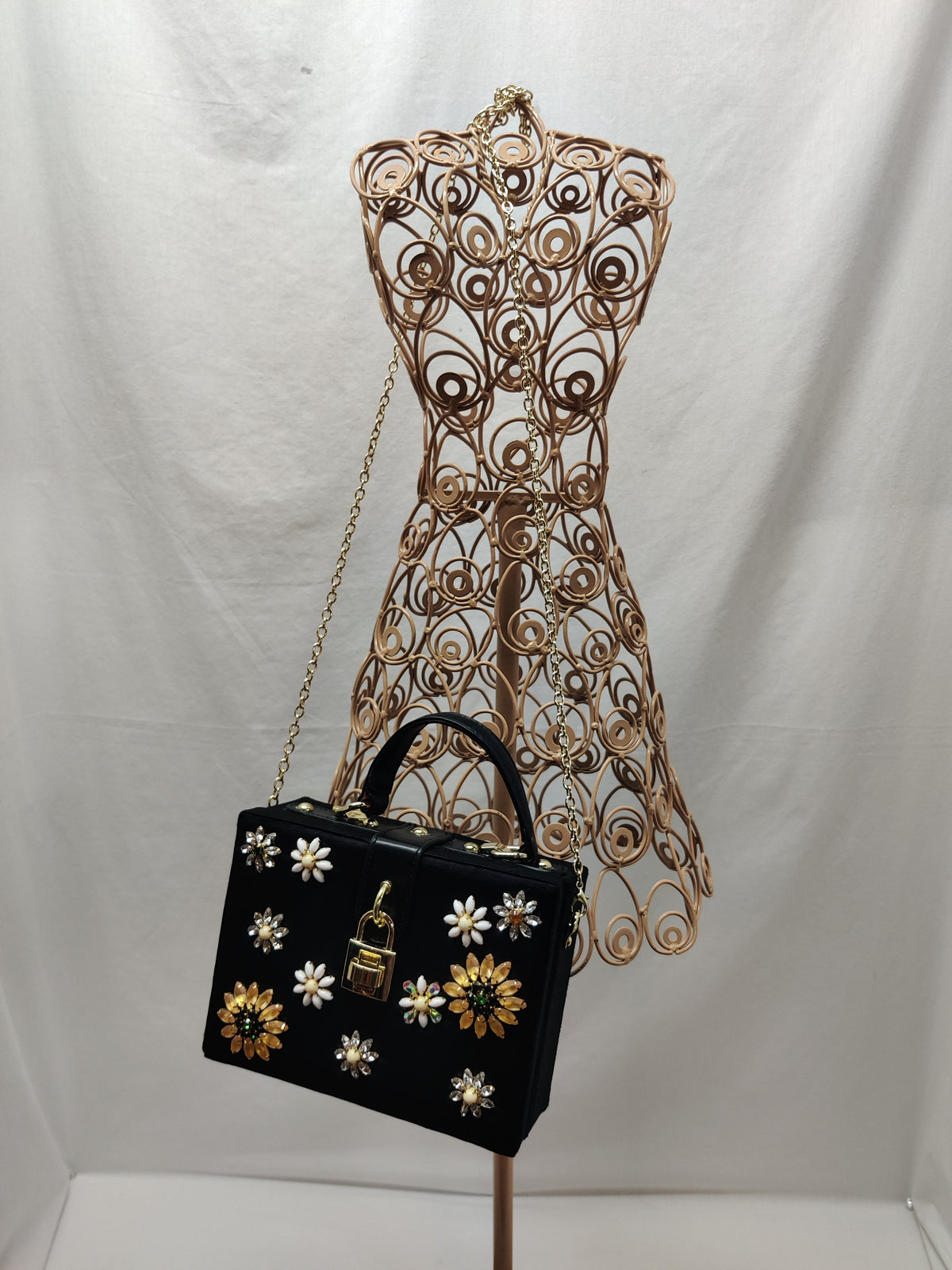 Charming Charlie Black Floral Jeweled Box Purse - Daisy Rhinestone Crossbody