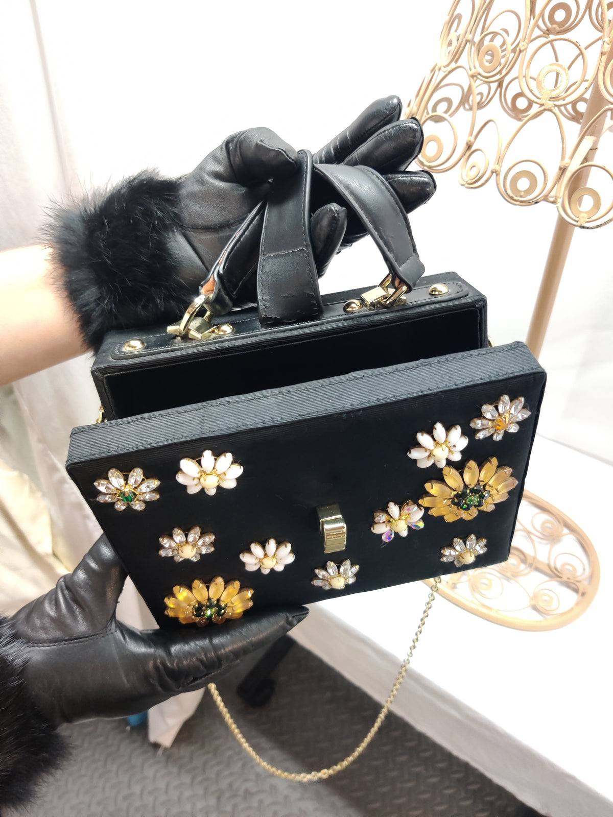 Charming Charlie Black Floral Jeweled Box Purse - Daisy Rhinestone Crossbody