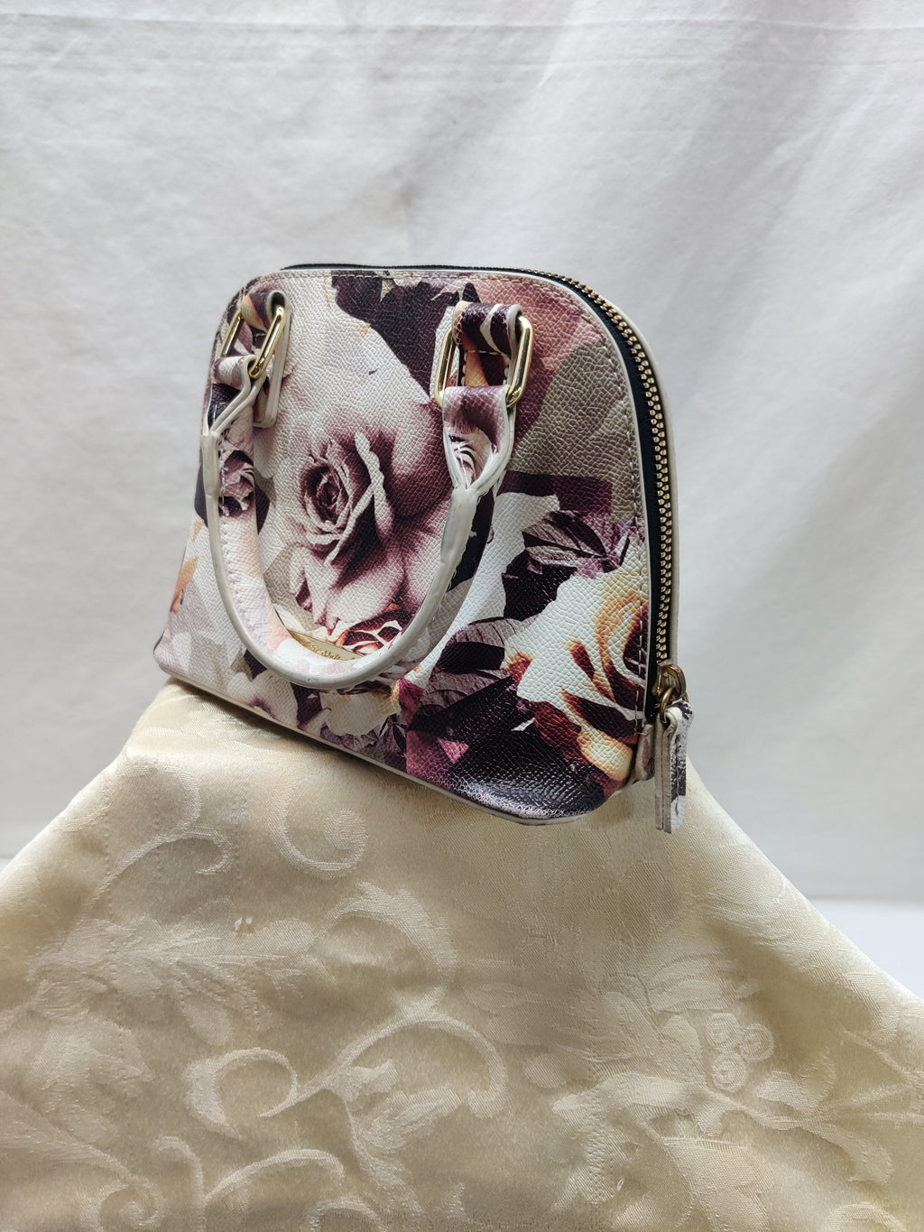 Betsey Johnson Floral Rose Dome Satchel Purse - Cream Burgundy Blush Top Handle