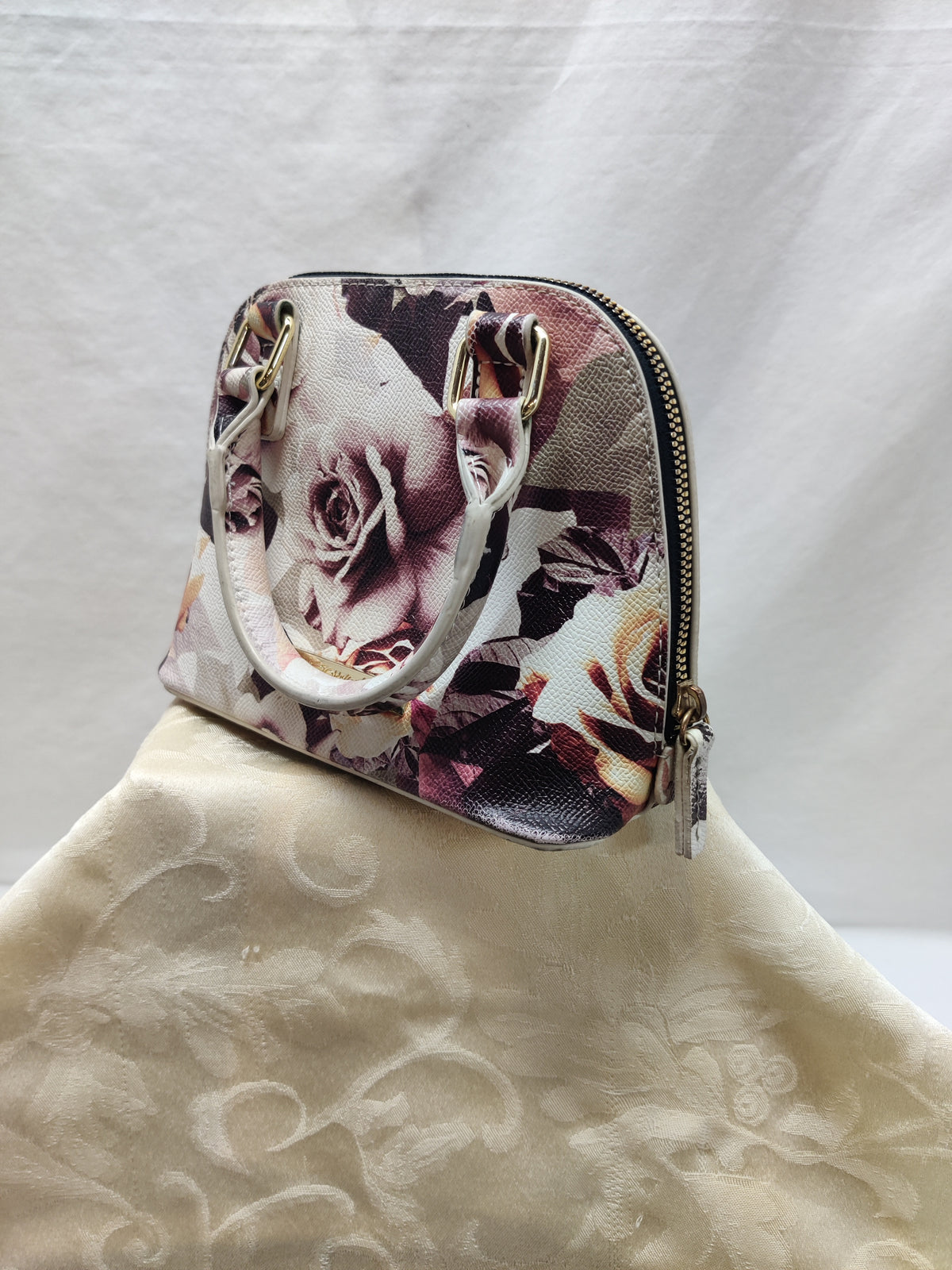 Betsey Johnson Floral Rose Dome Satchel Purse - Cream Burgundy Blush Top Handle