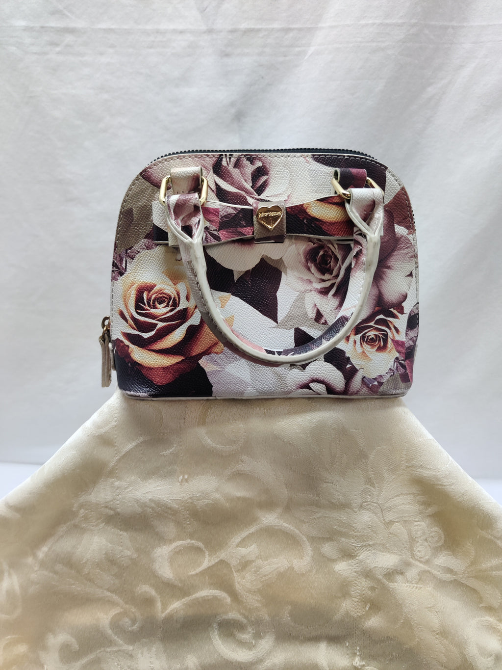Betsey Johnson Floral Rose Dome Satchel Purse - Cream Burgundy Blush Top Handle