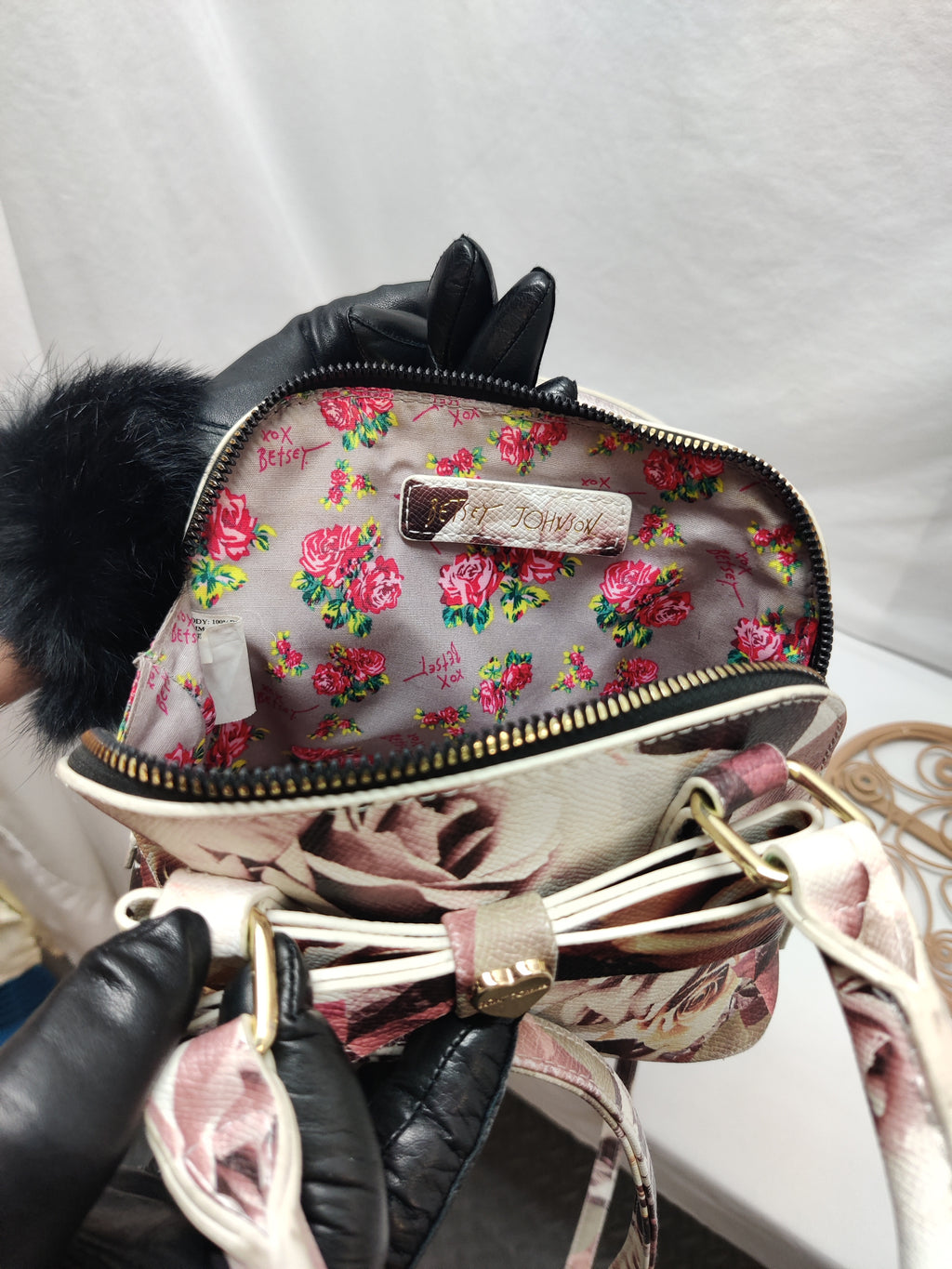 Betsey Johnson Floral Rose Dome Satchel Purse - Cream Burgundy Blush Top Handle