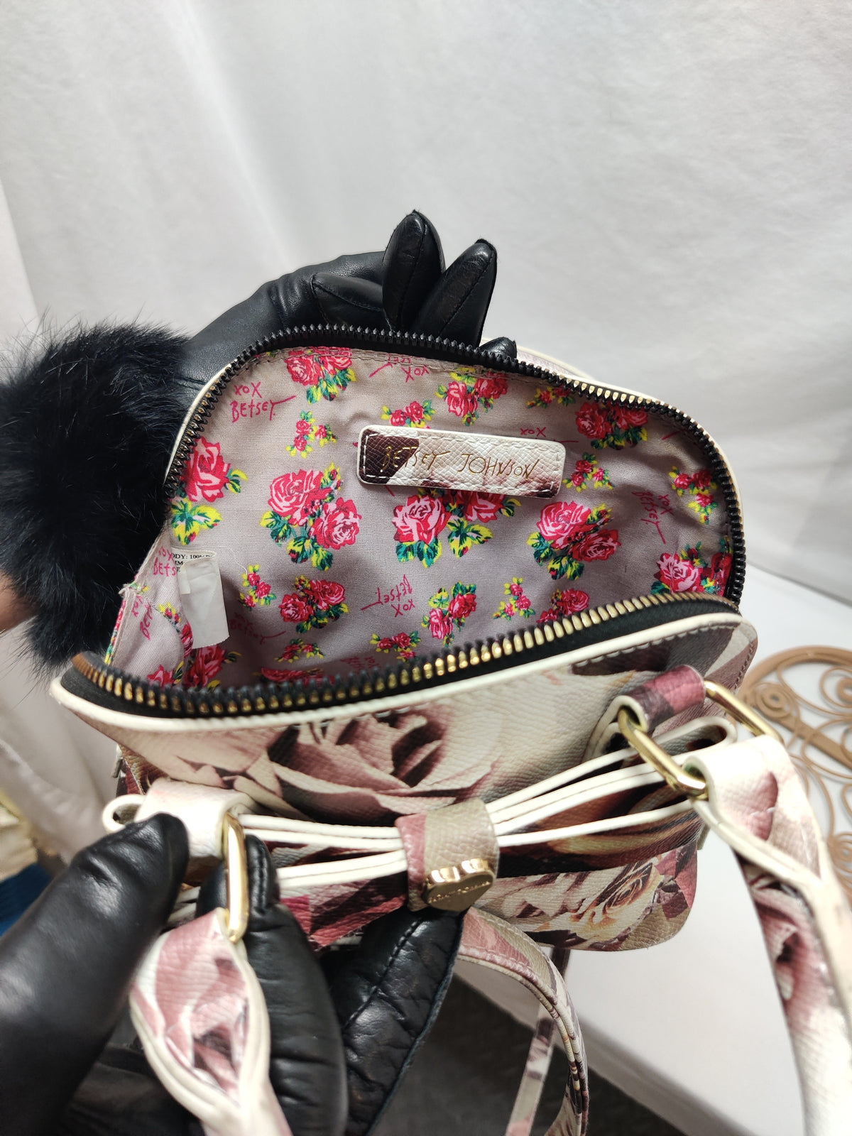 Betsey Johnson Floral Rose Dome Satchel Purse - Cream Burgundy Blush Top Handle