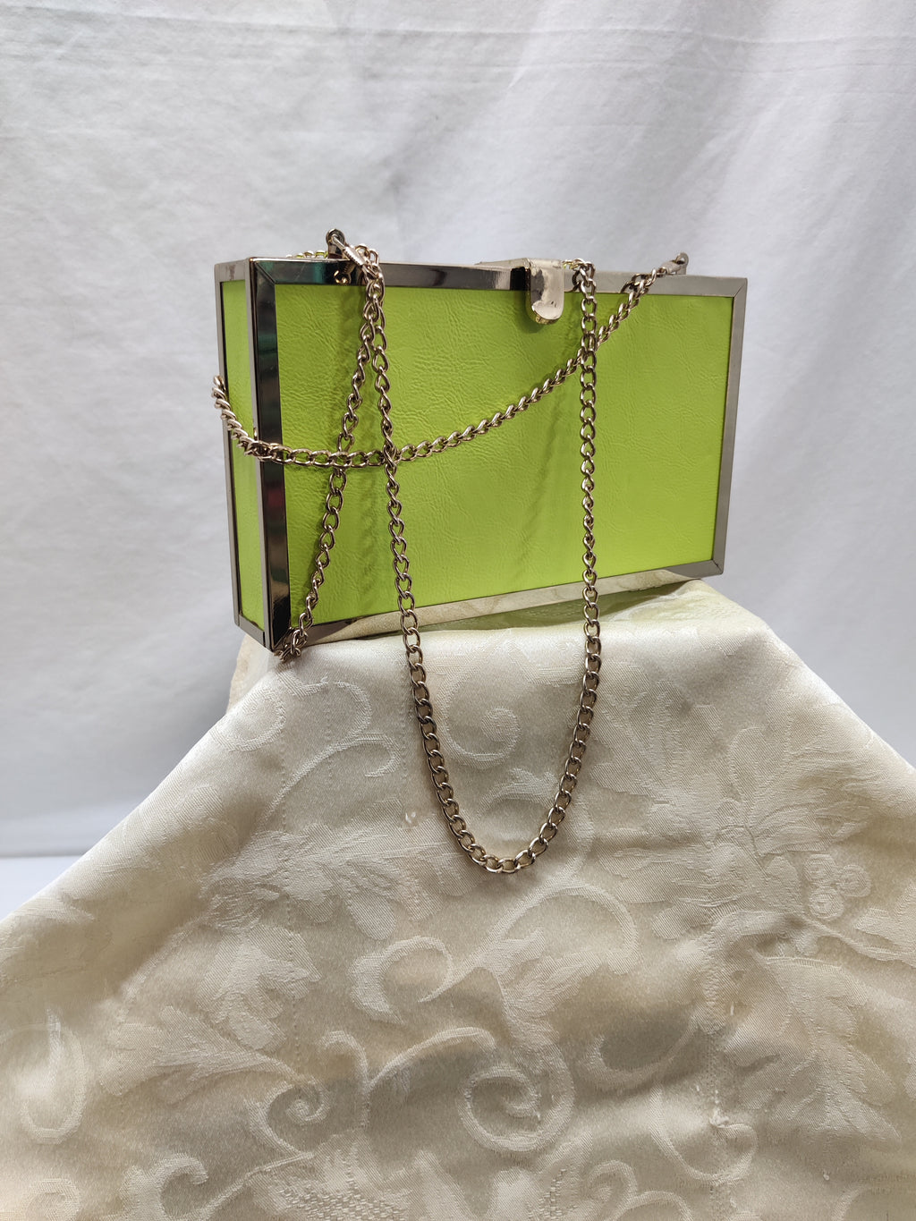 ALDO Neon Lime Green Box Clutch - Silver Frame Chain Strap Evening Bag