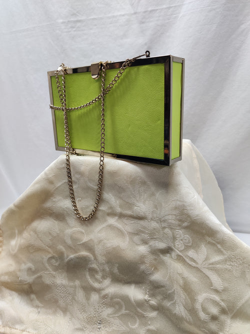 ALDO Neon Lime Green Box Clutch - Silver Frame Chain Strap Evening Bag