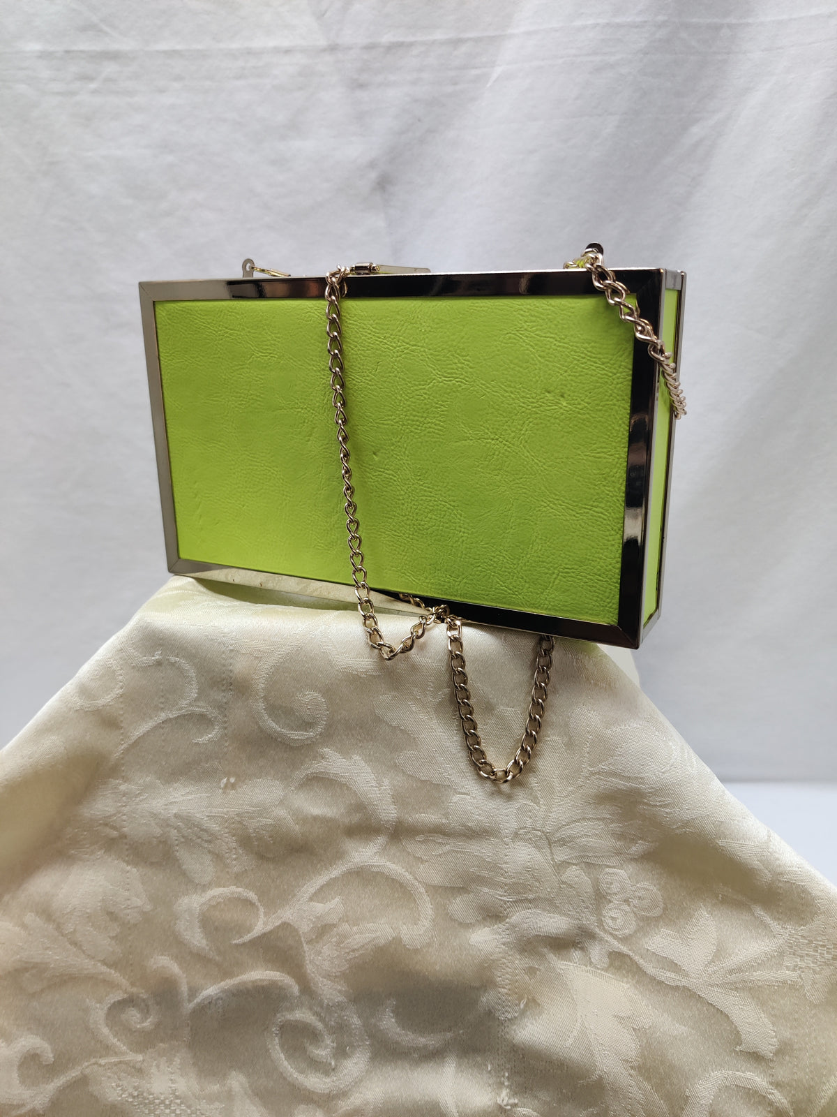 ALDO Neon Lime Green Box Clutch - Silver Frame Chain Strap Evening Bag