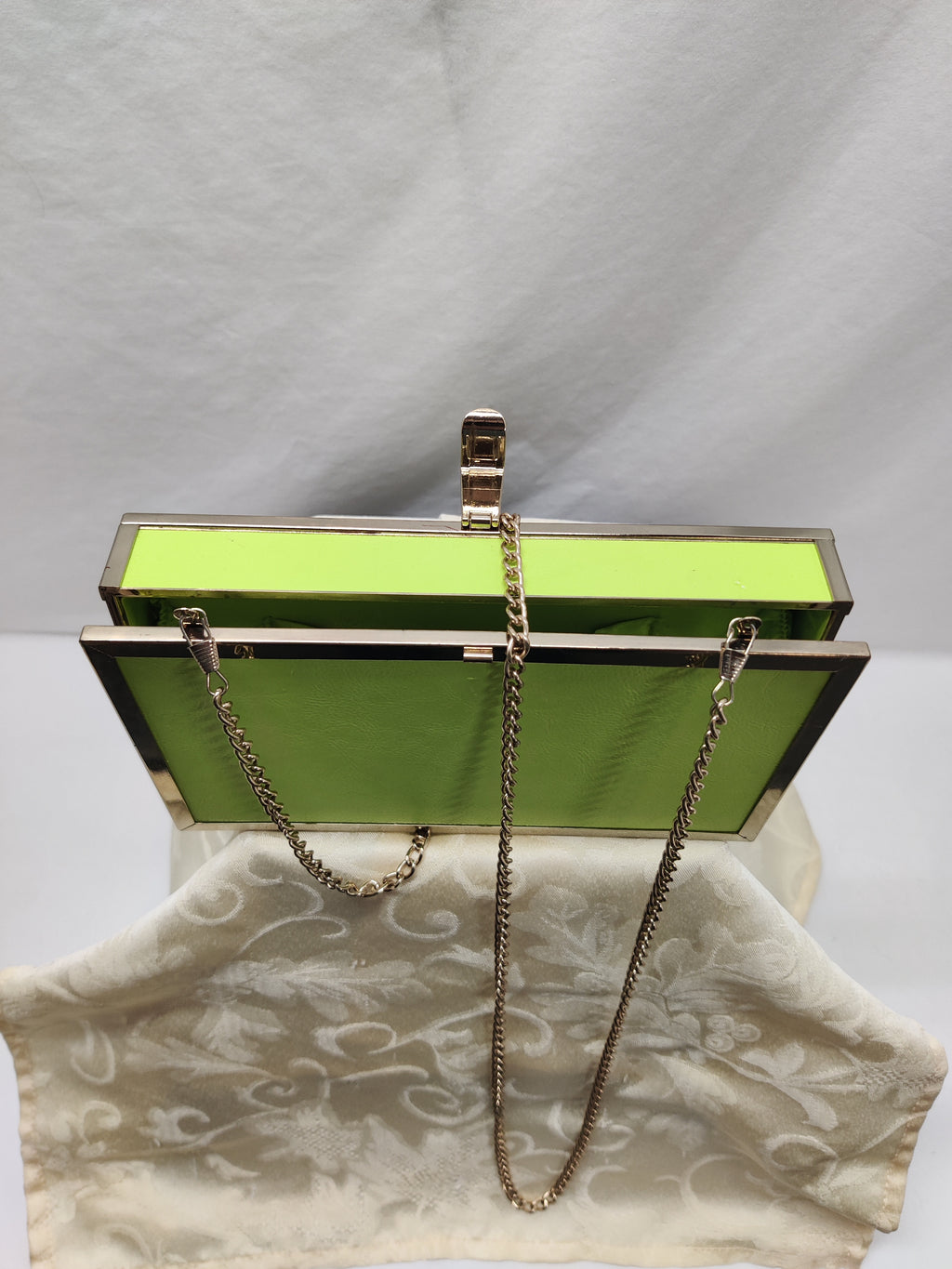 ALDO Neon Lime Green Box Clutch - Silver Frame Chain Strap Evening Bag