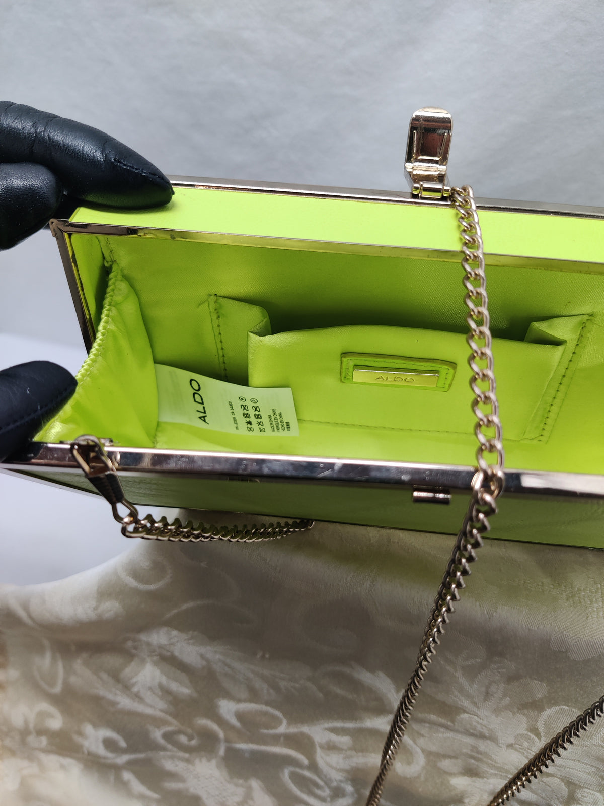 ALDO Neon Lime Green Box Clutch - Silver Frame Chain Strap Evening Bag