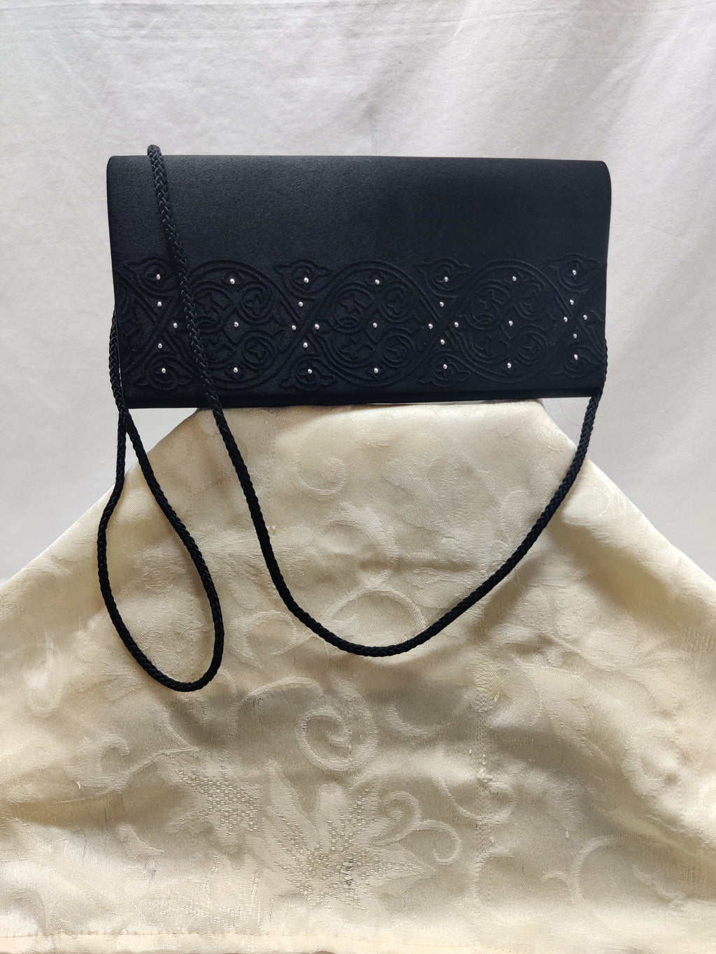 Vintage Black Satin Embroidered Evening Bag - Rhinestone Clutch Crossbody