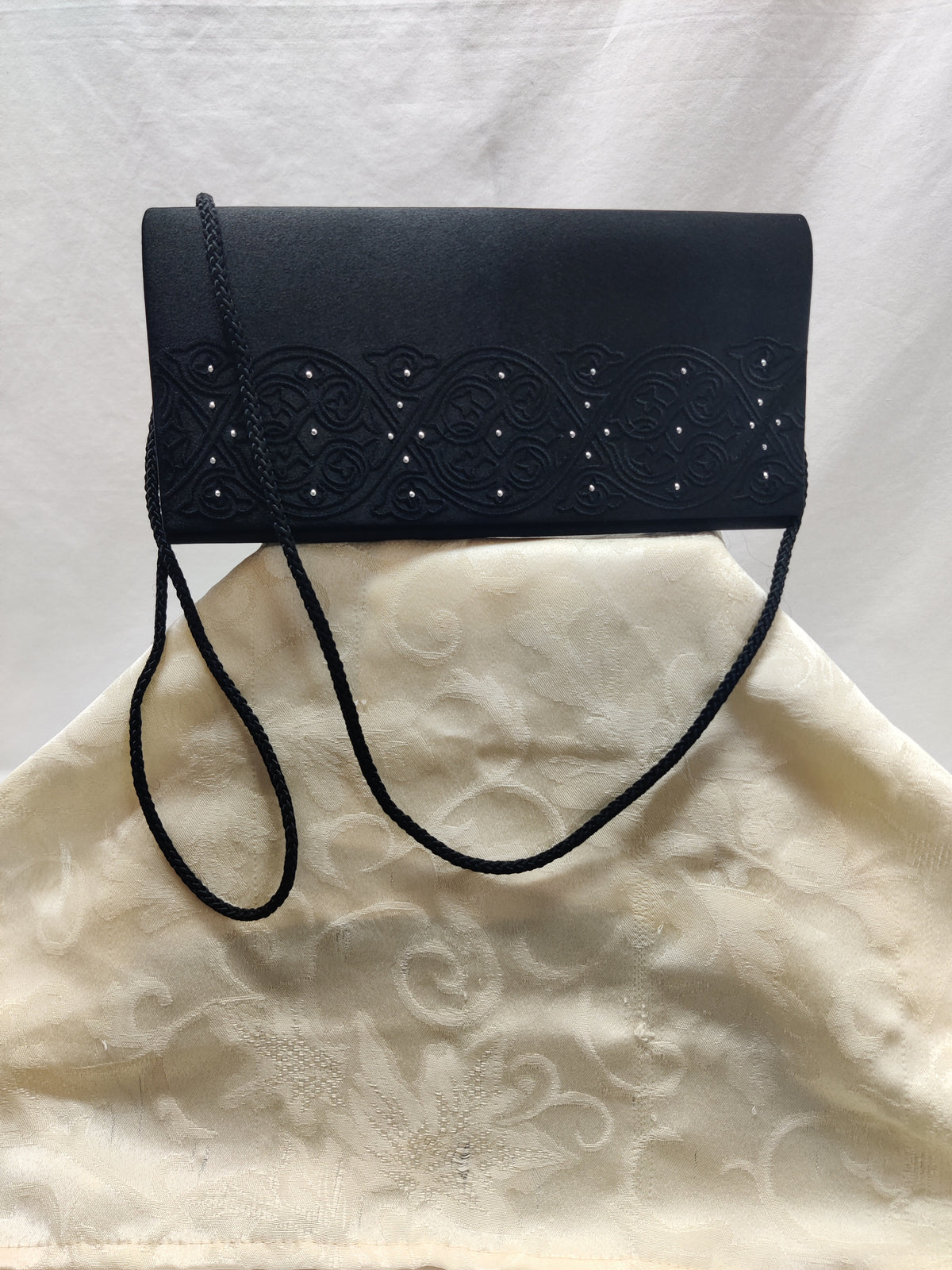 Vintage Black Satin Embroidered Evening Bag - Rhinestone Clutch Crossbody