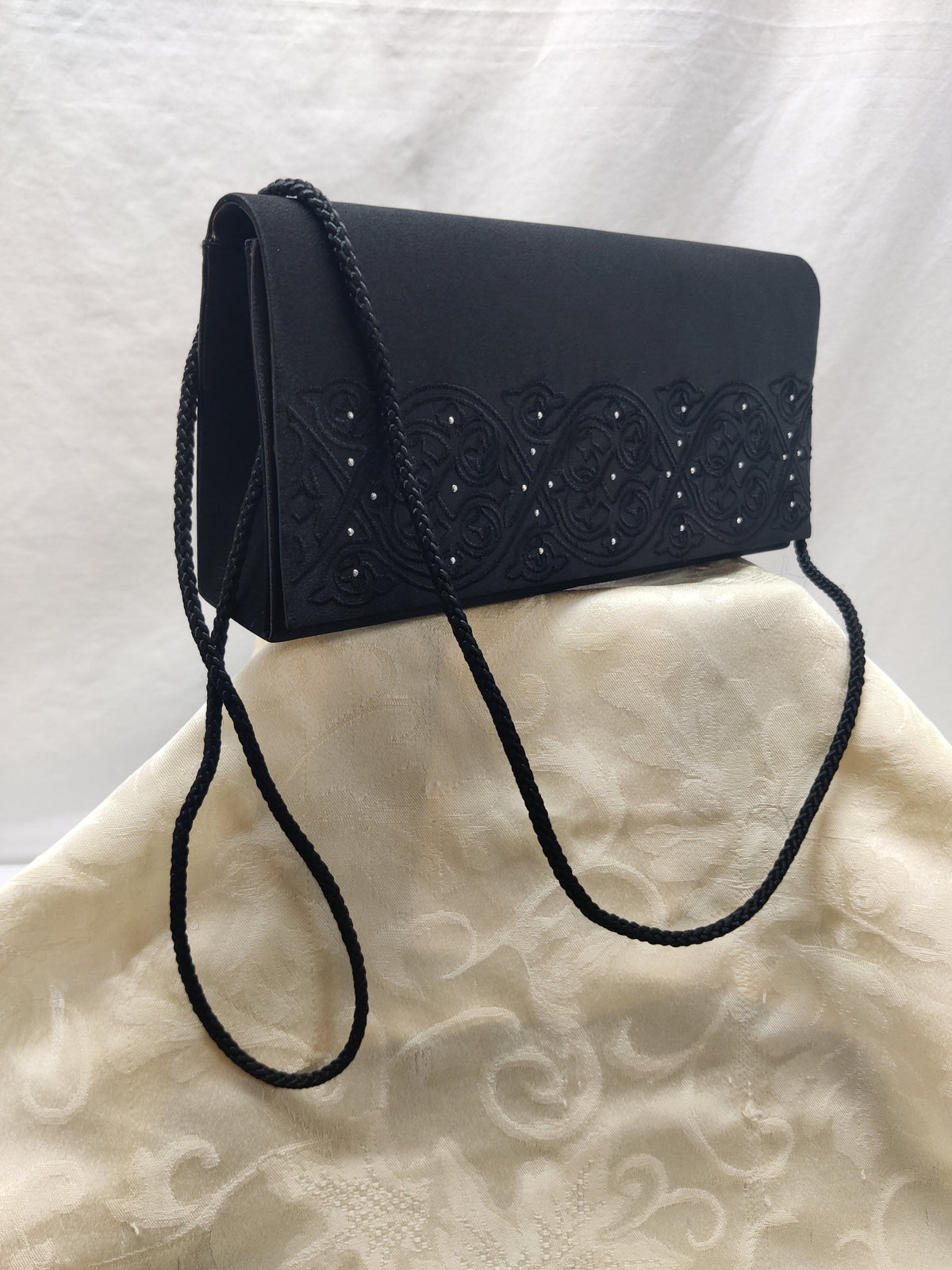 Vintage Black Satin Embroidered Evening Bag - Rhinestone Clutch Crossbody