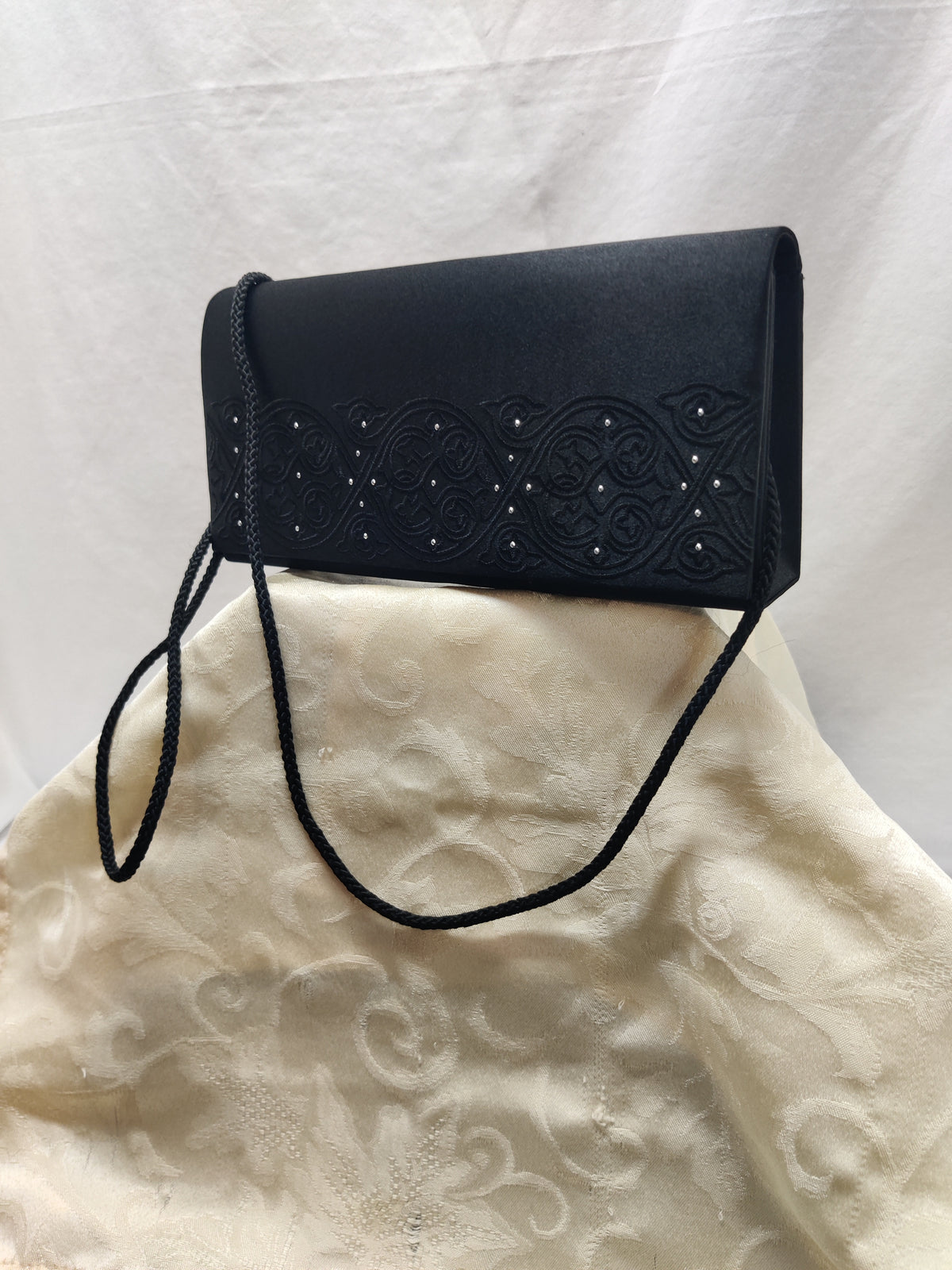 Vintage Black Satin Embroidered Evening Bag - Rhinestone Clutch Crossbody