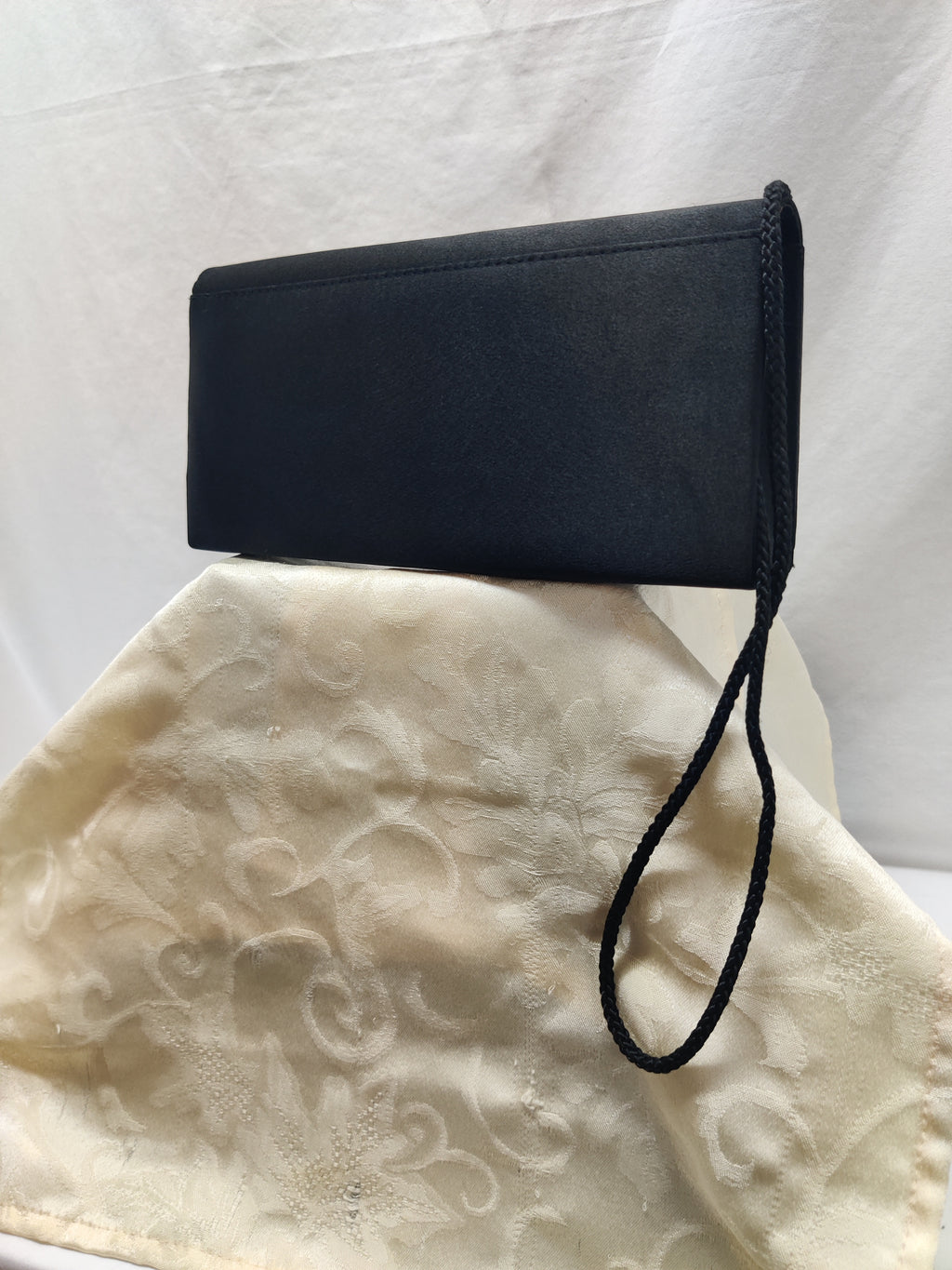 Vintage Black Satin Embroidered Evening Bag - Rhinestone Clutch Crossbody