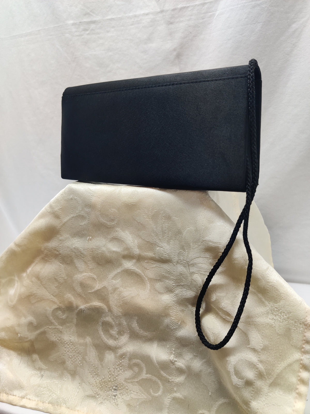 Vintage Black Satin Embroidered Evening Bag - Rhinestone Clutch Crossbody