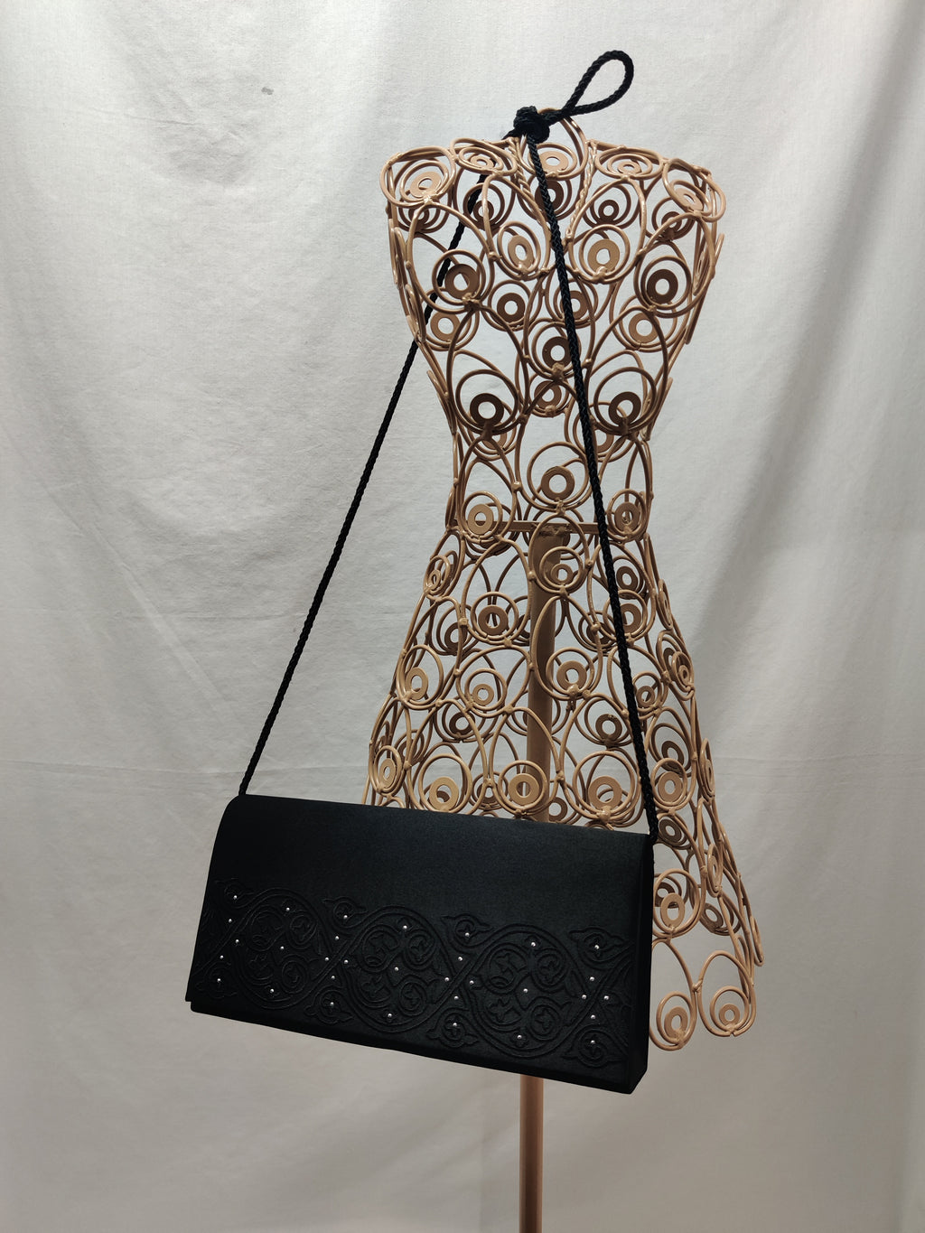 Vintage Black Satin Embroidered Evening Bag - Rhinestone Clutch Crossbody